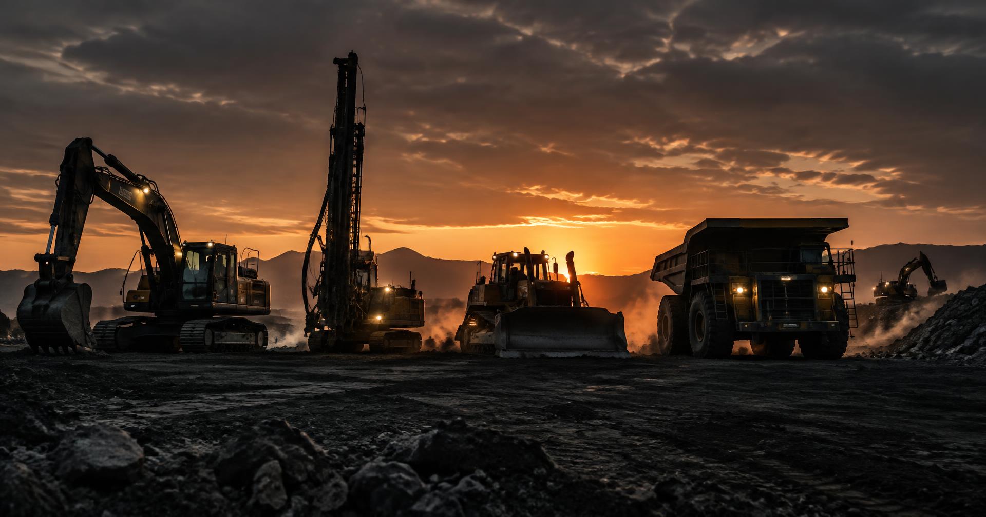 Frota de equipamentos pesados em pátio industrial ao entardecer